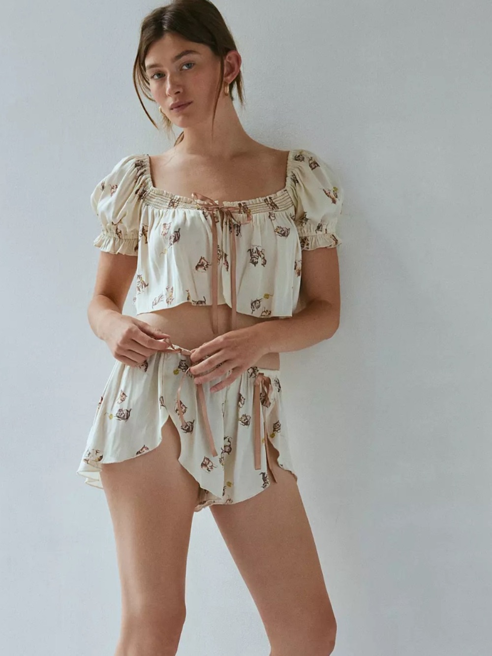Out From Under Grace Satin Cat Print Micro Shorts and Crop Top PJ Set Sz Small